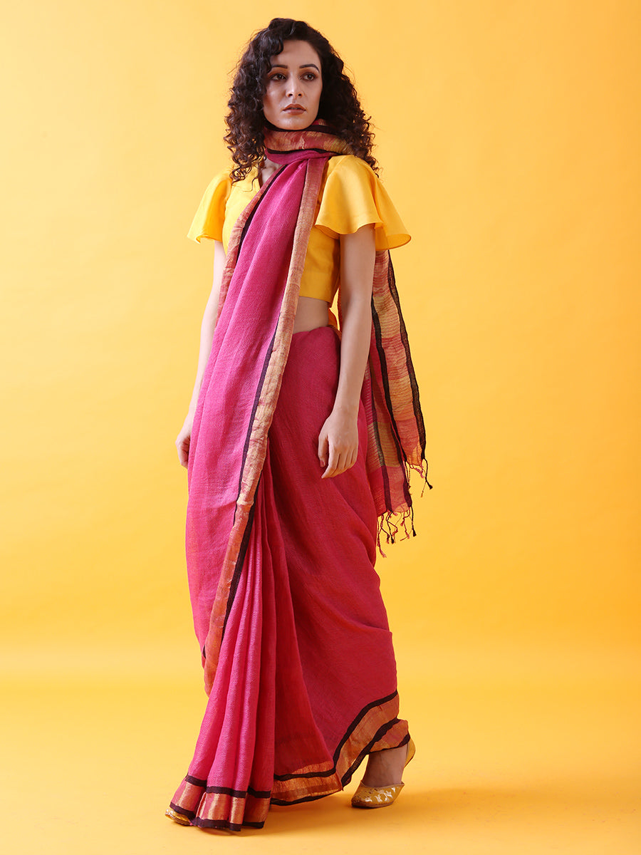 Magenta Pink Linen Saree with Zari Border