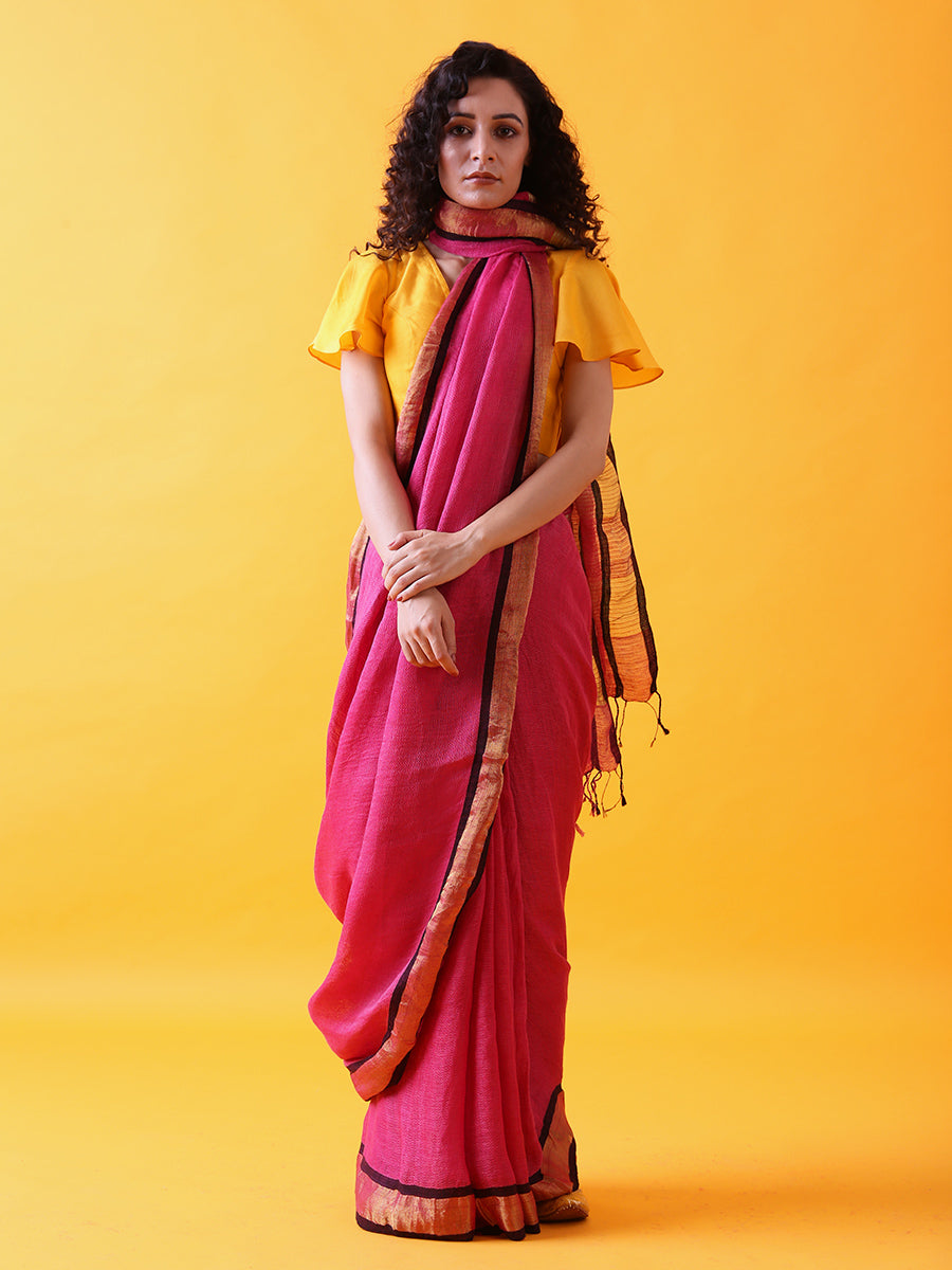 Magenta Pink Linen Saree with Zari Border