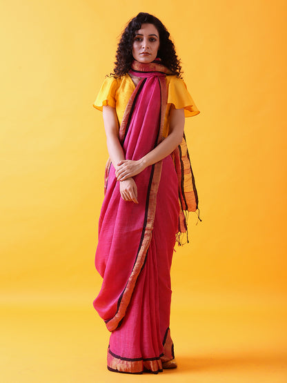 Magenta Pink Linen Saree with Zari Border