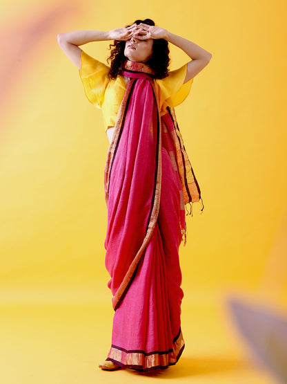 Magenta Pink Linen Saree with Zari Border