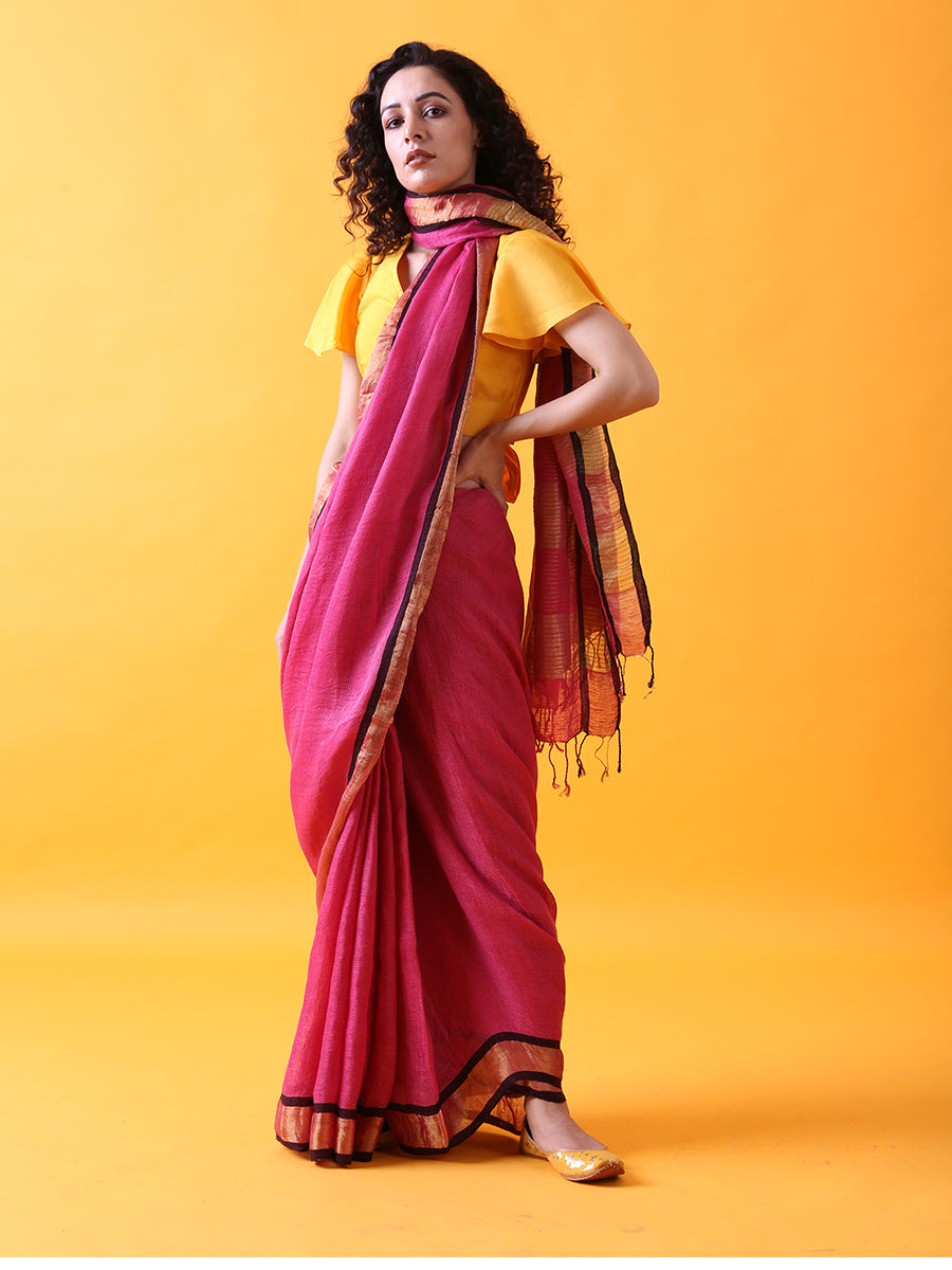 Magenta Pink Linen Saree with Zari Border