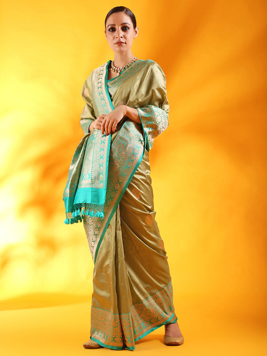 Pista Green Banarasi Tussar Silk Saree with Kadiyal Border