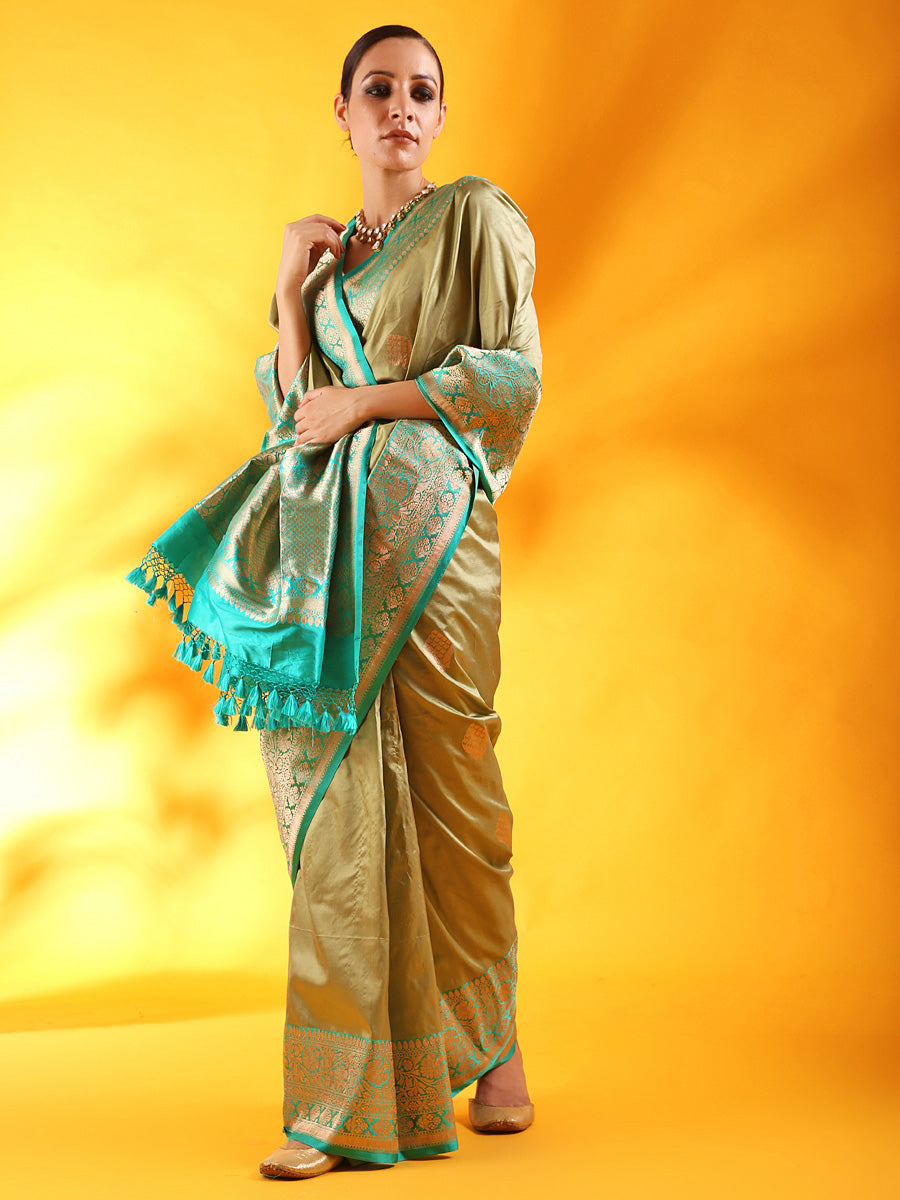 Pista Green Banarasi Tussar Silk Saree with Kadiyal Border