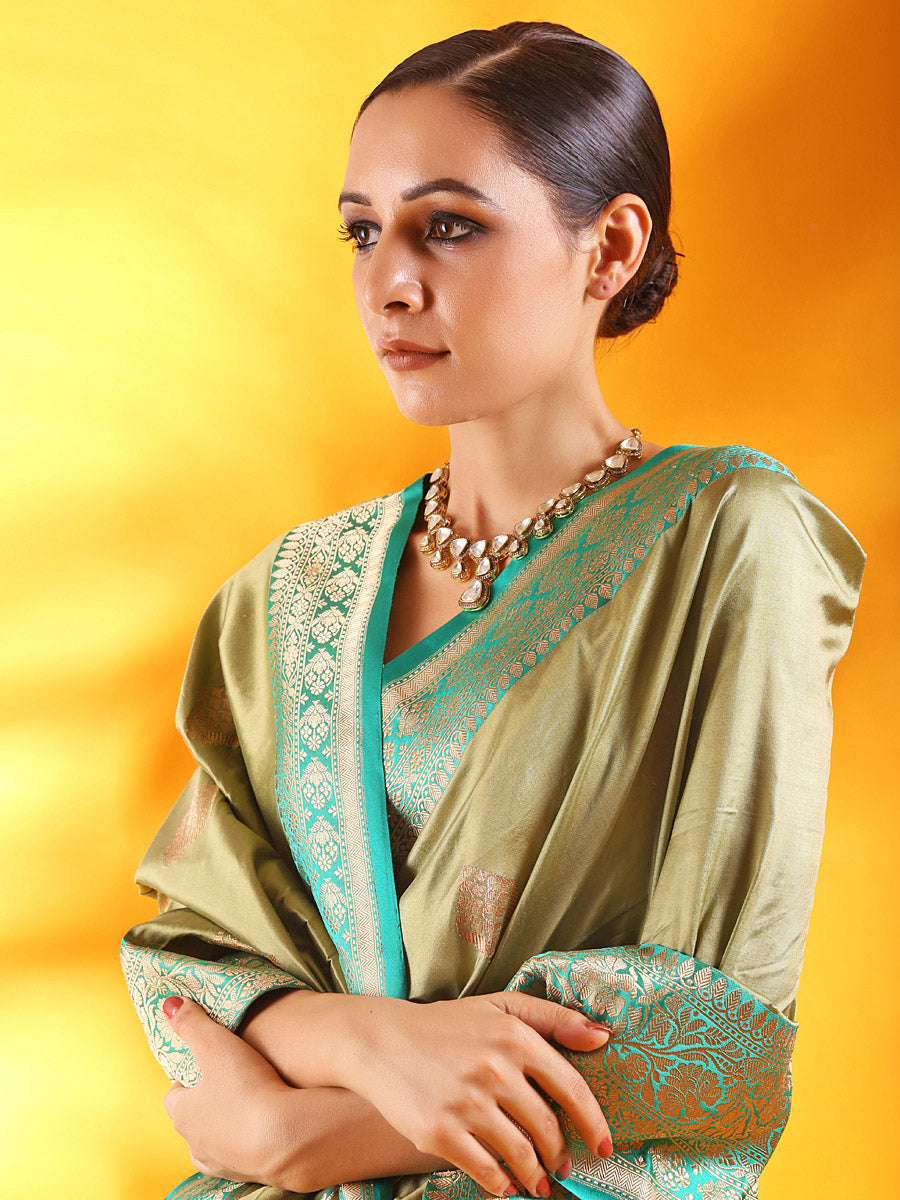 Pista Green Banarasi Tussar Silk Saree with Kadiyal Border