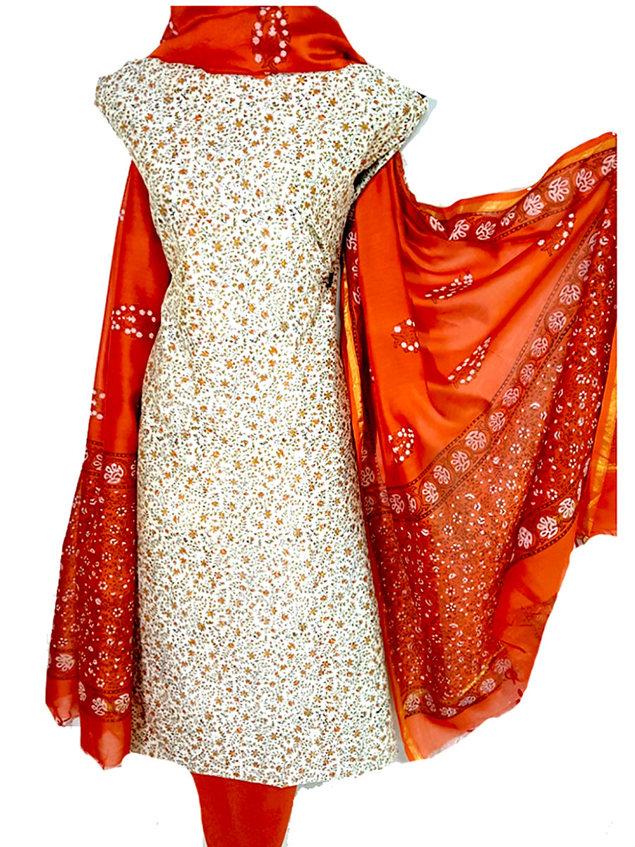 Block Printed Tussar Silk Suit in Cream Red BBETUS029