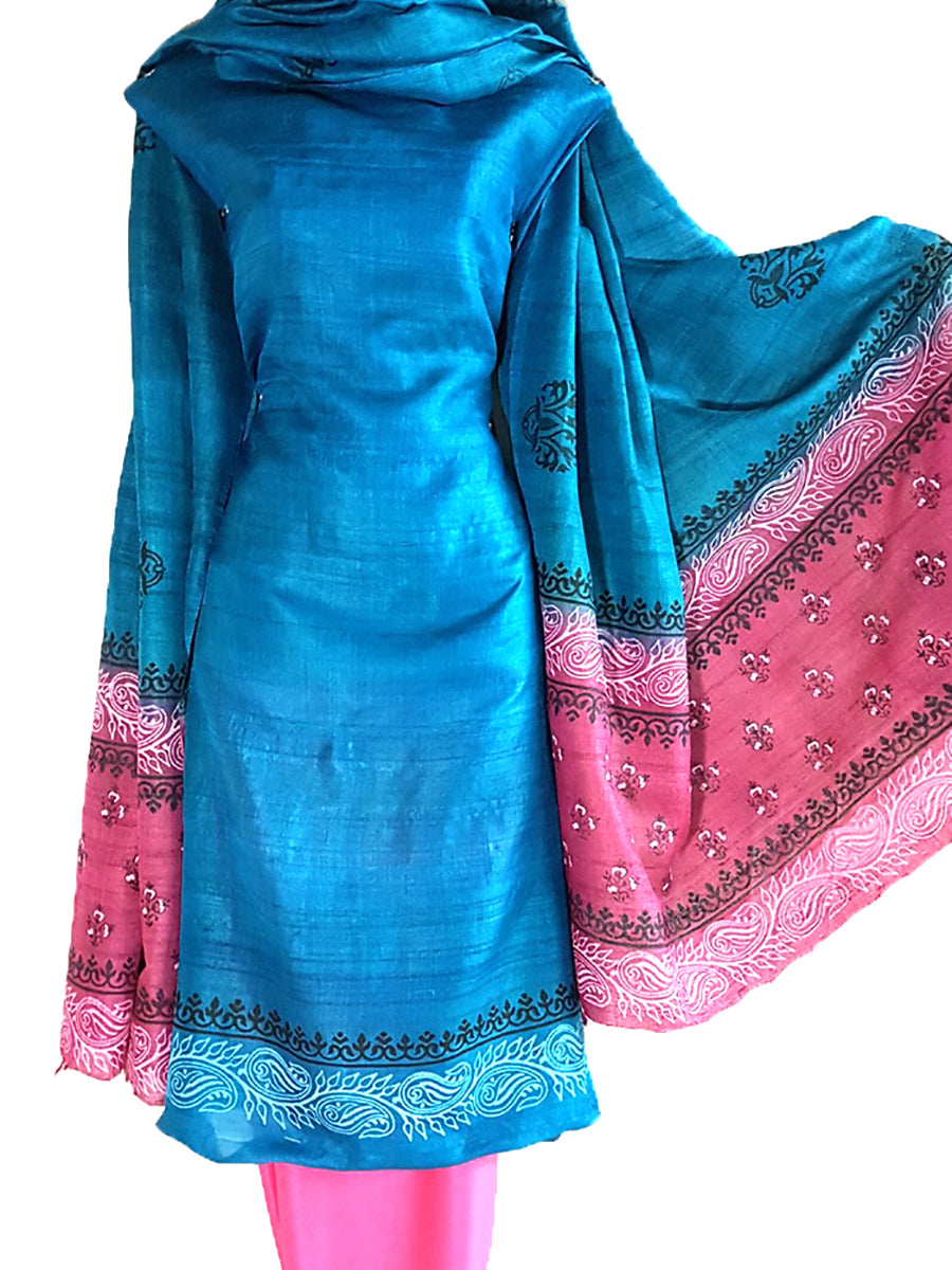 Block Printed Tussar Silk Suit in Blue Color BBETUS025