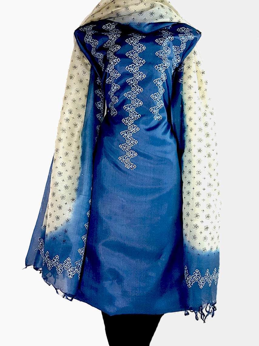 Block Printed Tussar Silk Suit in Blue