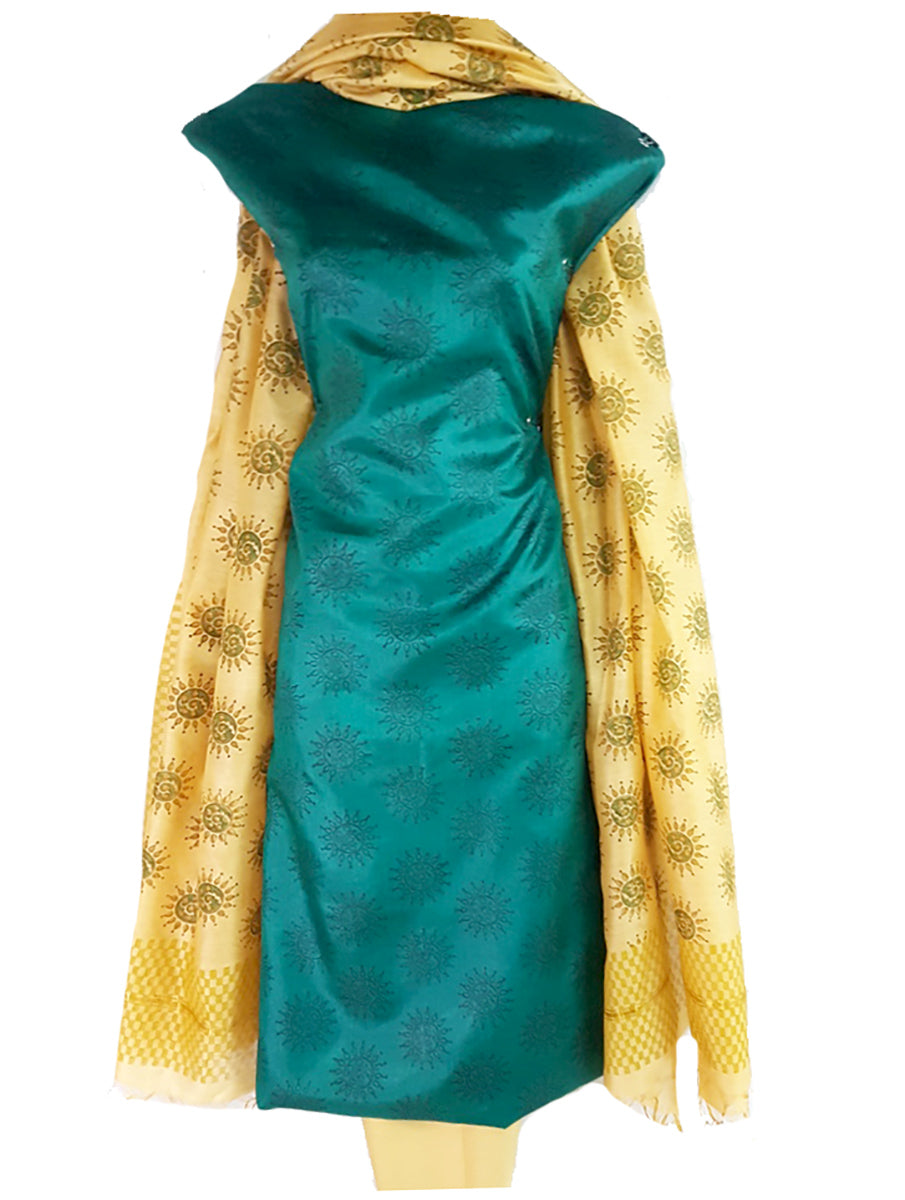 Block Printed Tussar Silk Suit in Green BBETUS032