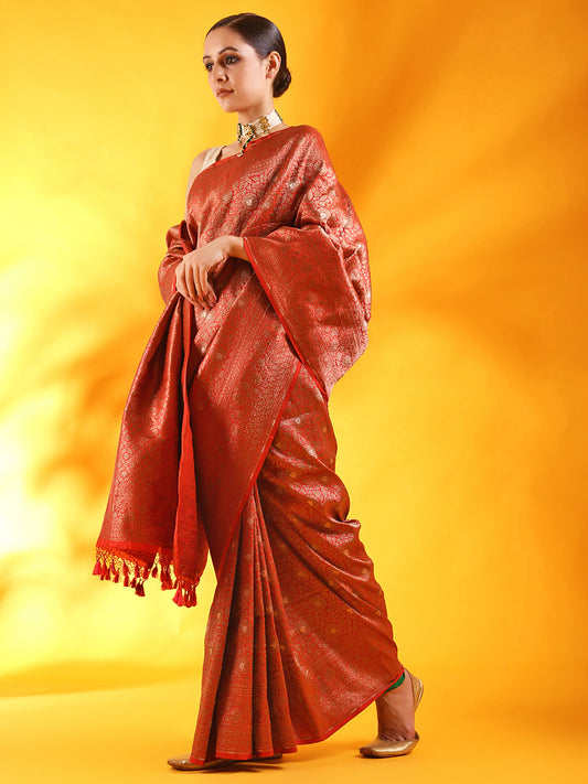 Red Banarasi Silk Saree in Tanchoi Weave