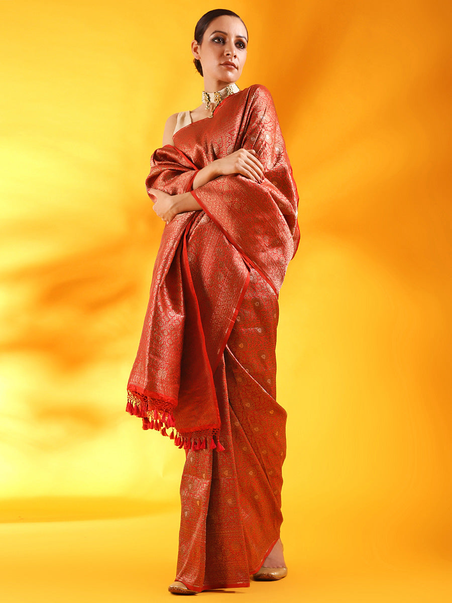 Red Banarasi Silk Saree in Tanchoi Weave