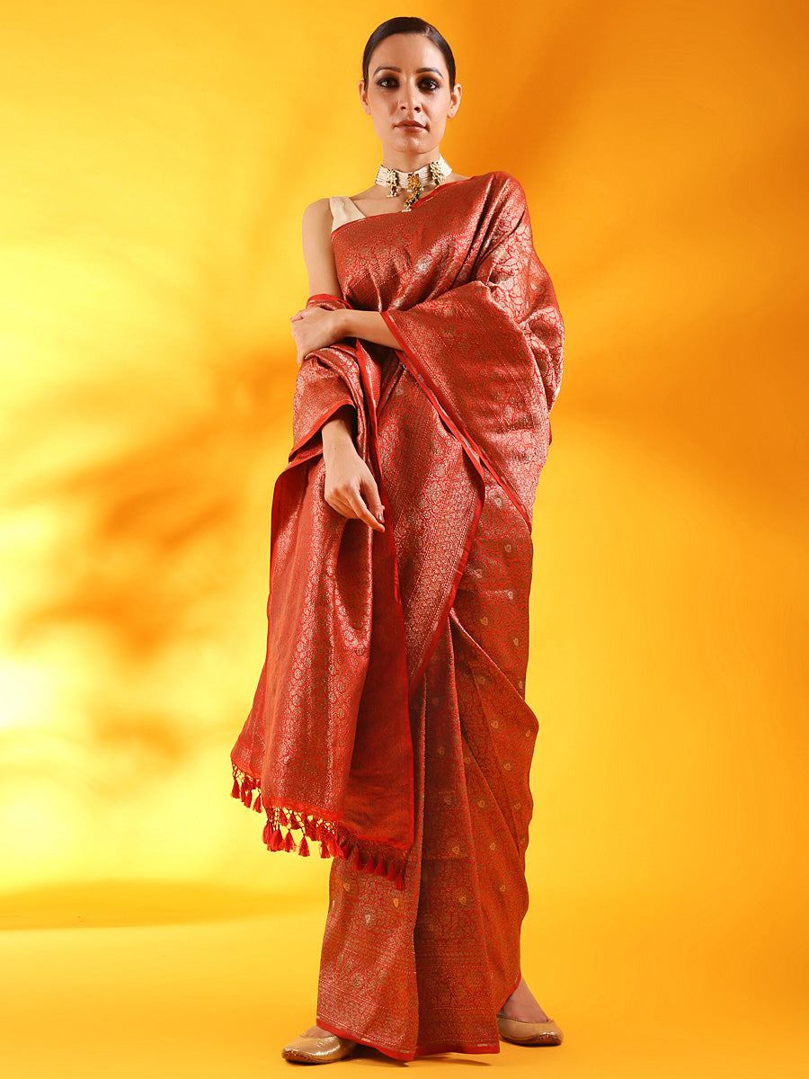 Red Banarasi Silk Saree in Tanchoi Weave