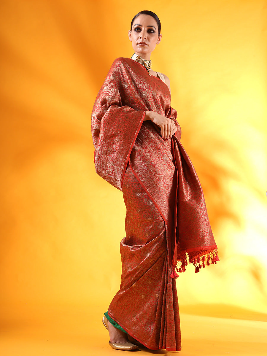 Red Banarasi Silk Saree in Tanchoi Weave