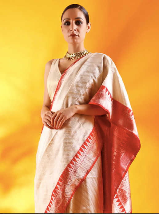 Ivory White Banarasi Silk Saree with Red Golden Border