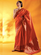 Rust Color Pure Silk Tanchoi  Banarasi Handloom Saree