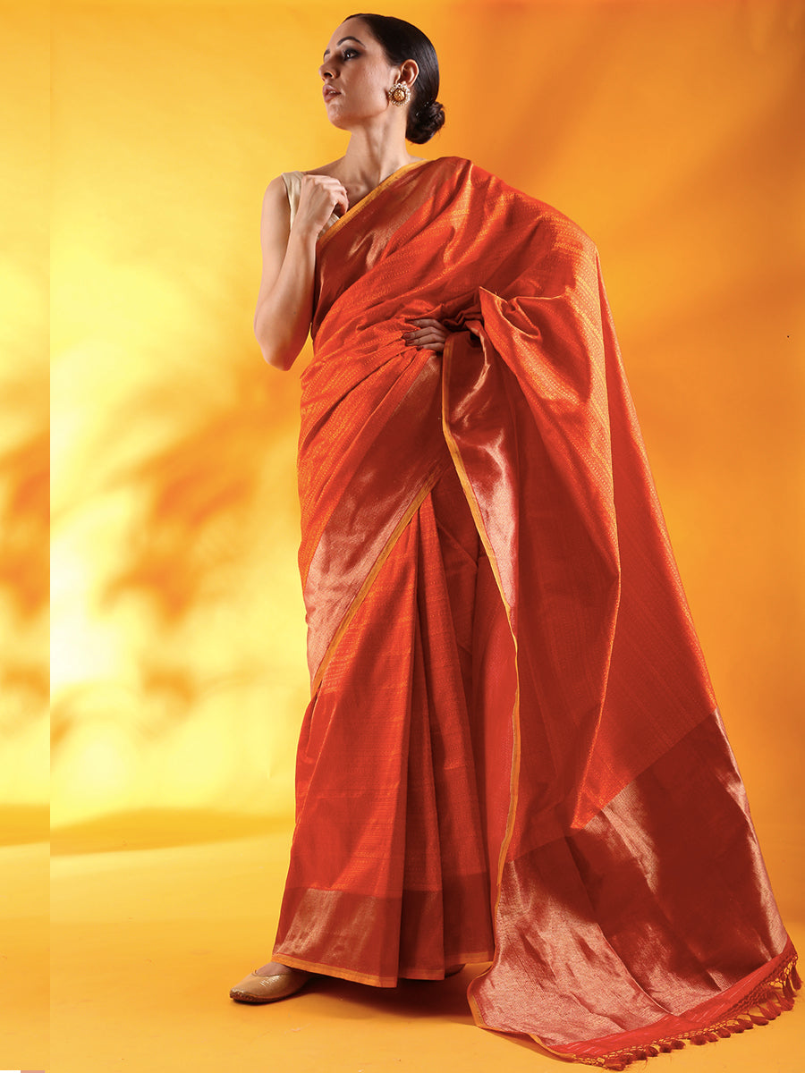 Rust Color Pure Silk Tanchoi  Banarasi Handloom Saree