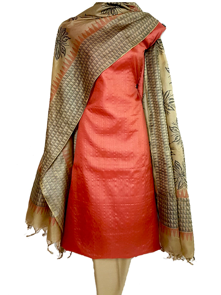 Block Printed Tussar Silk Suit in Blue BBETUS032