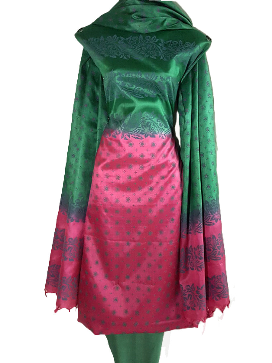 Block Printed Tussar Silk Suit in Green Pink