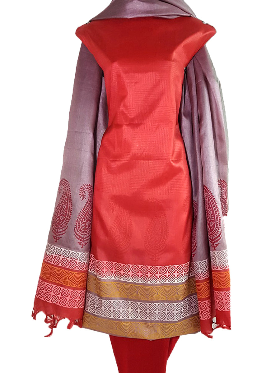 Block Printed Tussar Silk Suit in Red  BBETUS029