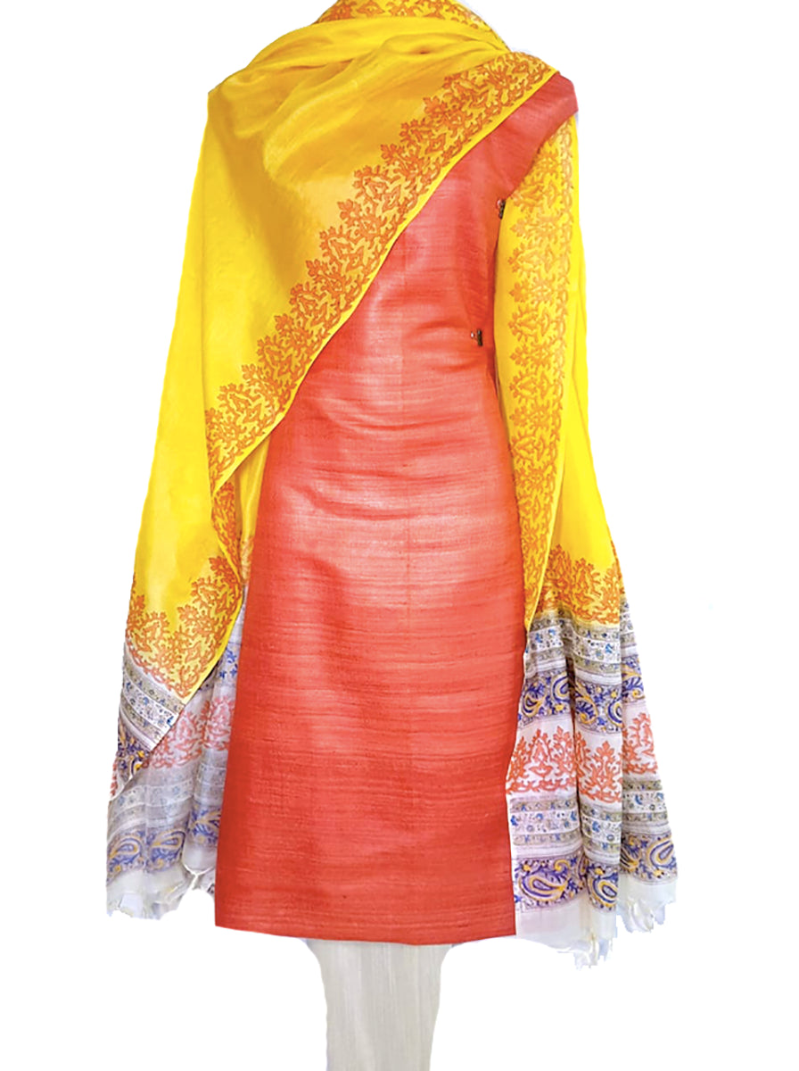 Block Printed Tussar Silk Suit Red Yellow