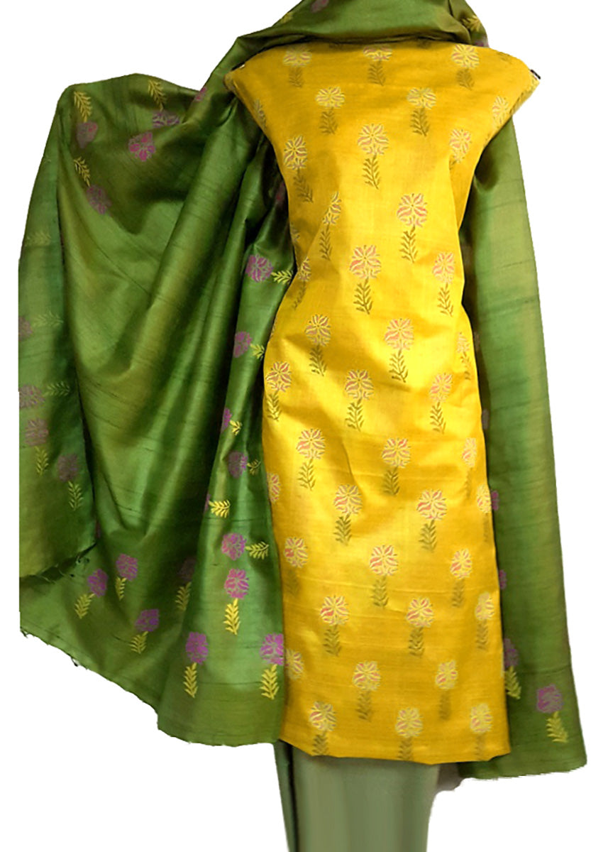 Block Printed Tussar Silk Ensemble in Yellow Green 