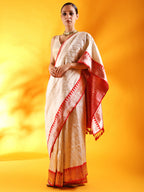 Ivory White Banarasi Silk Saree with Red Golden Border