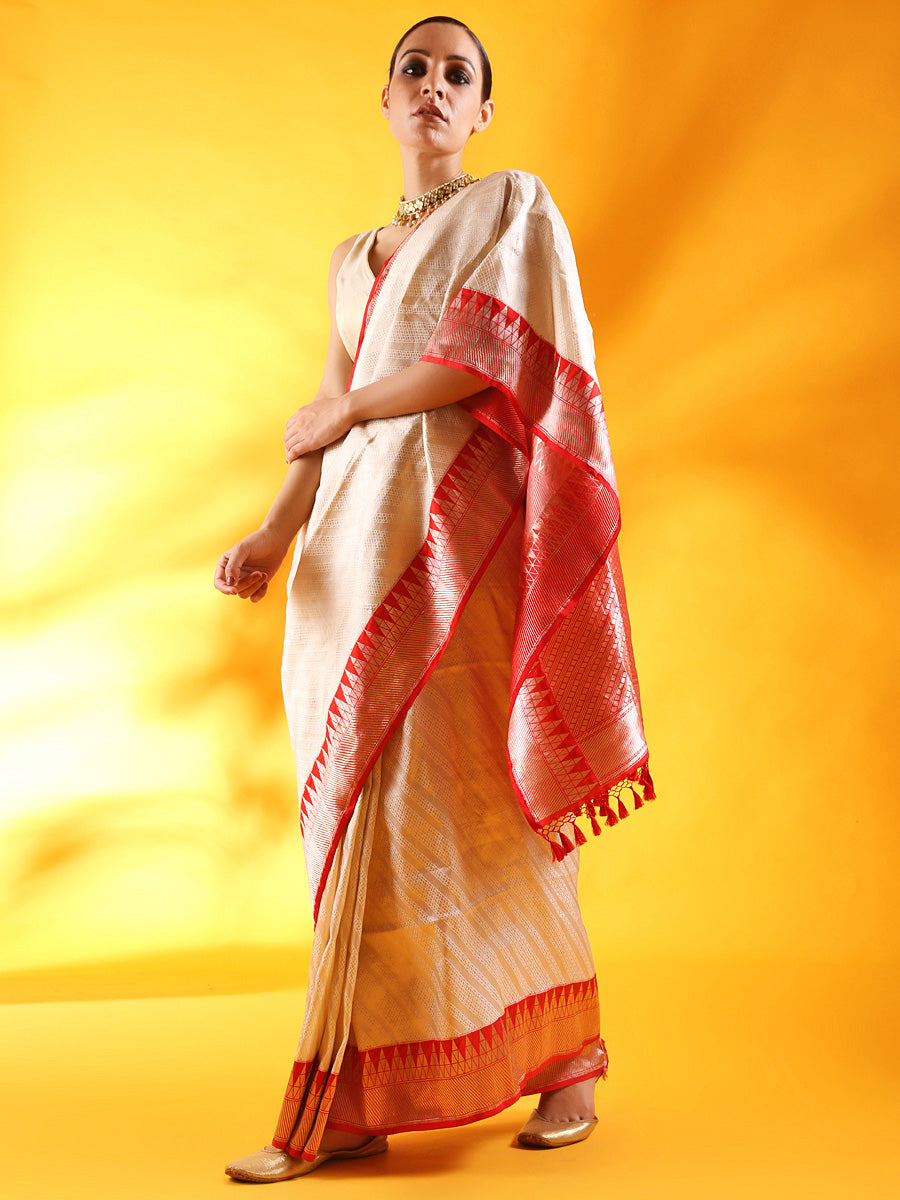 Ivory White Banarasi Silk Saree with Red Golden Border