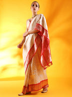 Ivory White Banarasi Silk Saree with Red Golden Border