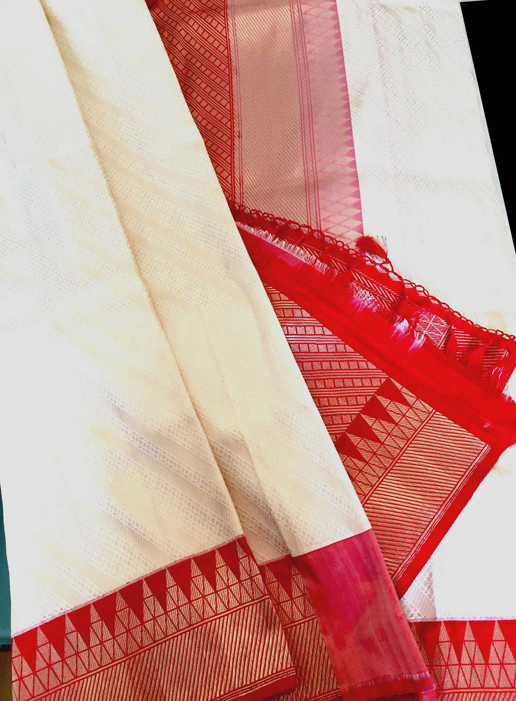 Ivory White Banarasi Silk Saree with Red Golden Border
