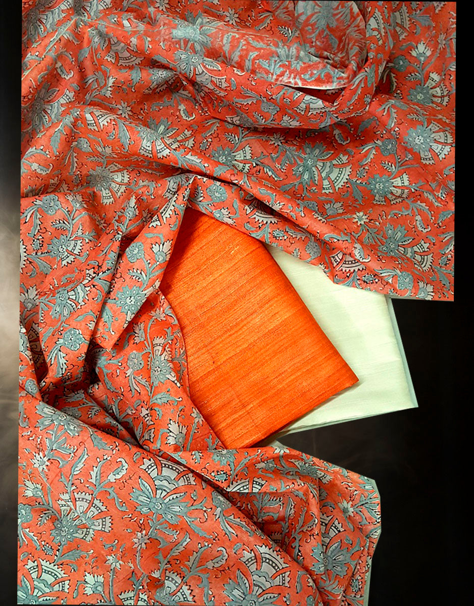 Printed Tussar Silk Suit Material in Orange